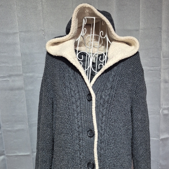 L.L. Bean Charcoal Hooded Cardigan with Ivory Trim - Picture 2 of 12